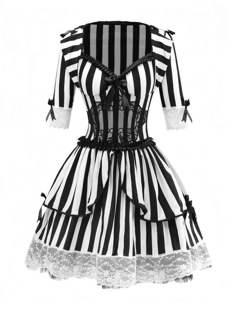 Black & White 1970s Lace Patchwork Stripe Dress