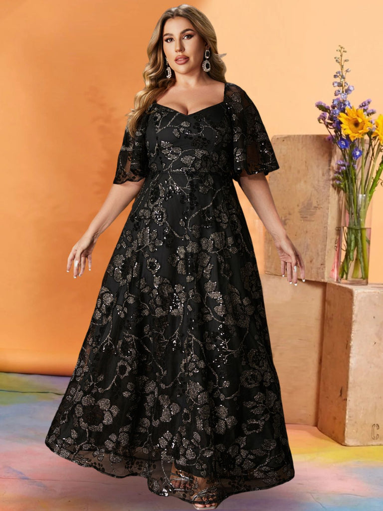 [Plus Size] Black 1930s Sequined Short Sleeves Maxi Dress