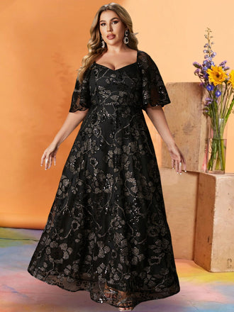[Plus Size] Black 1930s Sequined Short Sleeves Maxi Dress