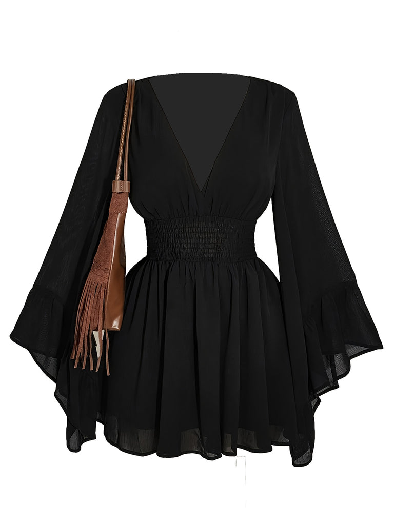 [Plus Size] Black 1980s Solid V-Neck Flare Dress