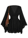 [Plus Size] Black 1980s Solid V-Neck Flare Dress