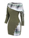 Olive Green 1960s Plaid Accent Button Detail Ribbed Dress