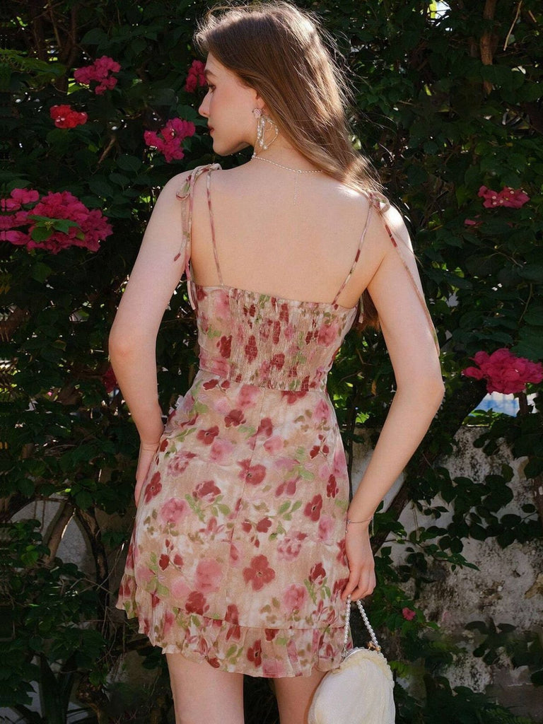 1960s Spaghetti Strap Floral Ruffled Dress