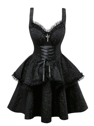 Black 1950s Gothic Lace Panel Bow Tie Lace-up Dress