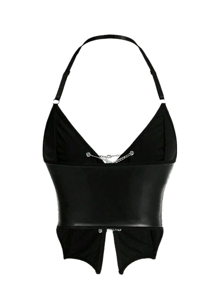 Black 1980s Gothic Cross Drawstring Chain Halter Corset