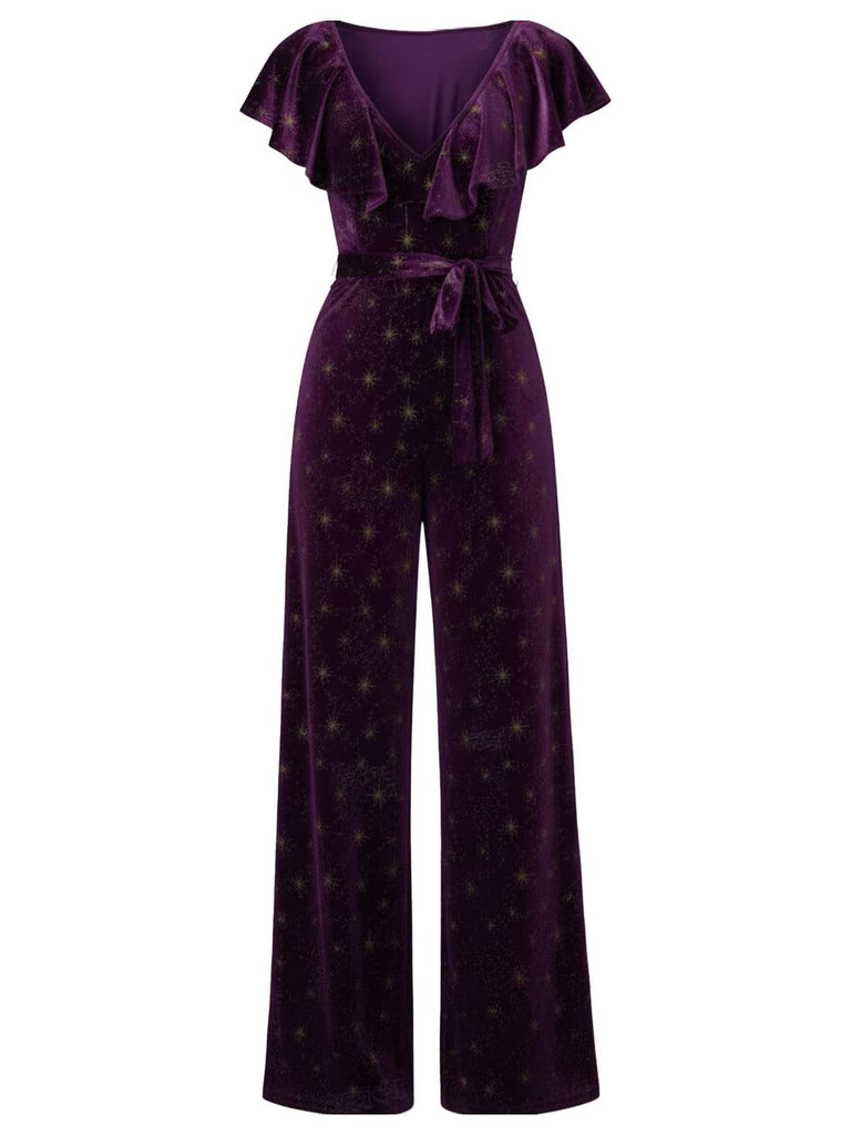 [Pre-Sale] Purple 1950s Velvet Star Print Ruffle Wide Leg Jumpsuit