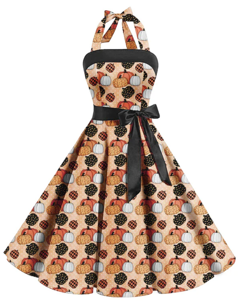 1950s Pumpkin Halter Strap Patchwork Dress