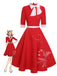 [Pre-Sale] Red 1950s Elk Bow Patchwork Belt Dress