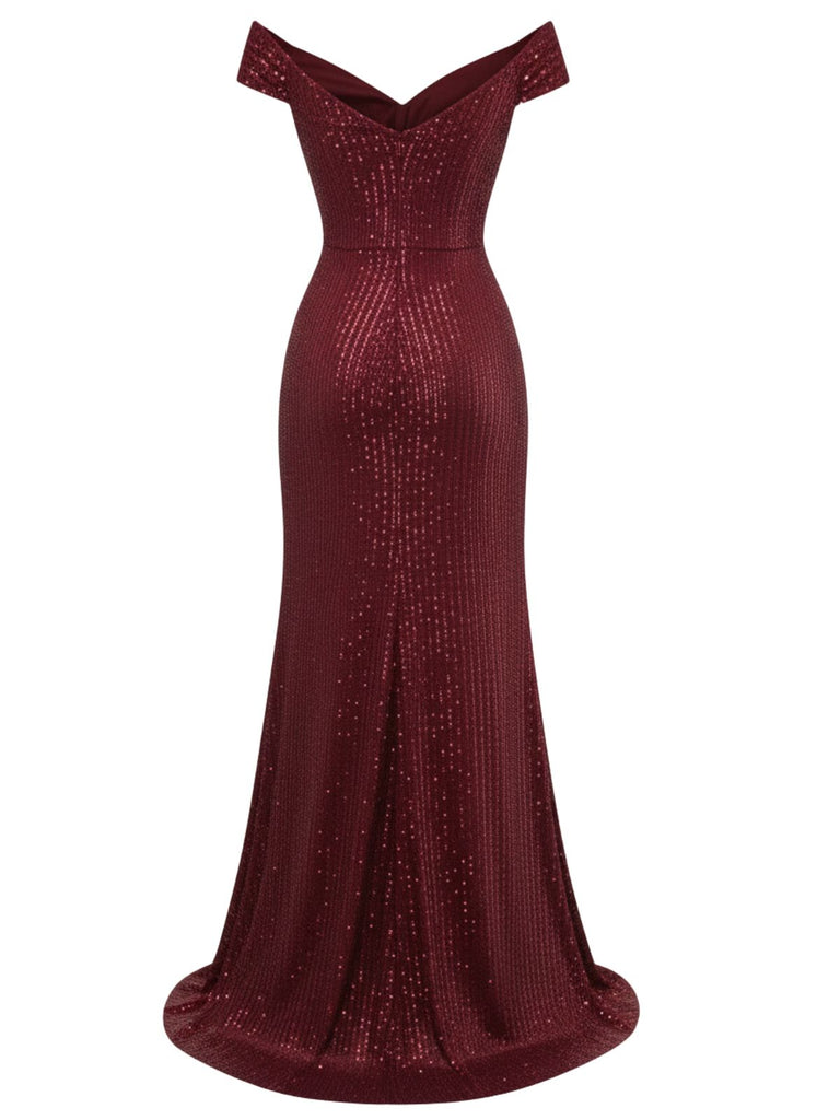 1930s Off-Shoulder Glitter Slit Maxi Dress