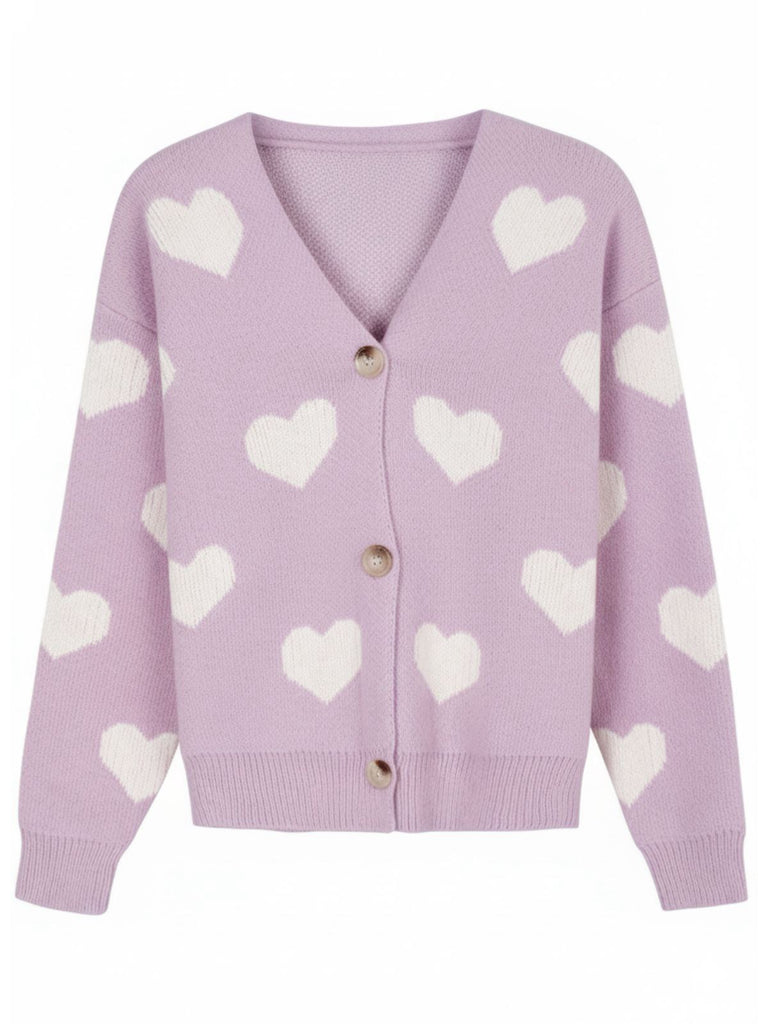 1950s Valentine's Day Heart Print Knit Cardigan