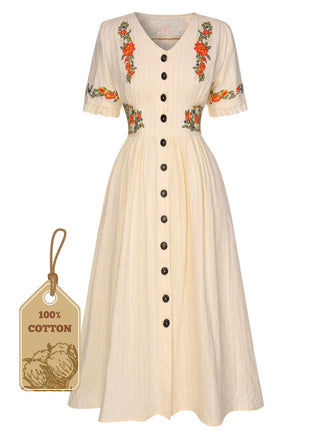 Pure Cotton Beige 1940s V-Neck Floral Dress