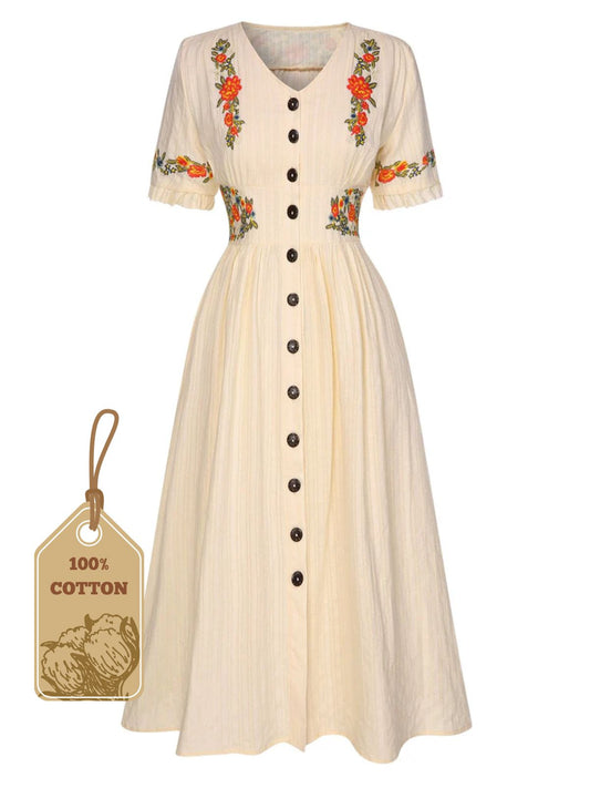 Pure Cotton Beige 1940s V-Neck Floral Dress