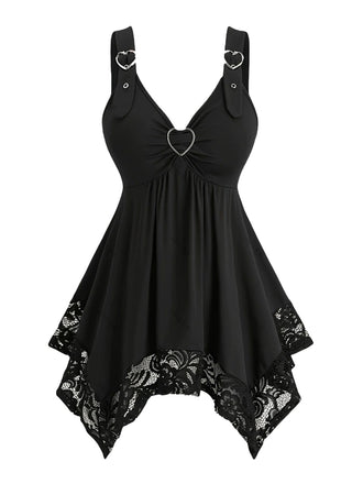 [Plus Size] Black 1970s Solid Heart Button Lace Tunic Top