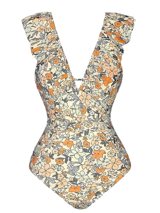 Multicolor 1950s Floral Ruffled Back Cut-Out Swimsuit