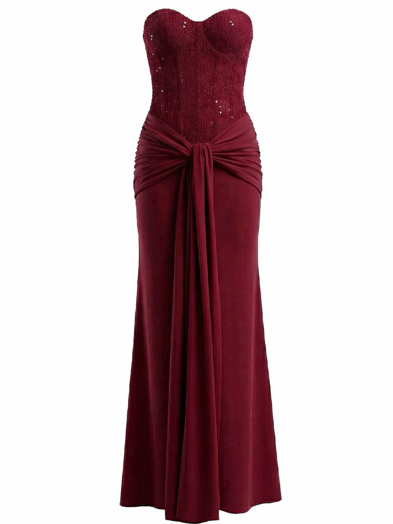 1930s Solid Lace-Up Strapless Maxi Dress