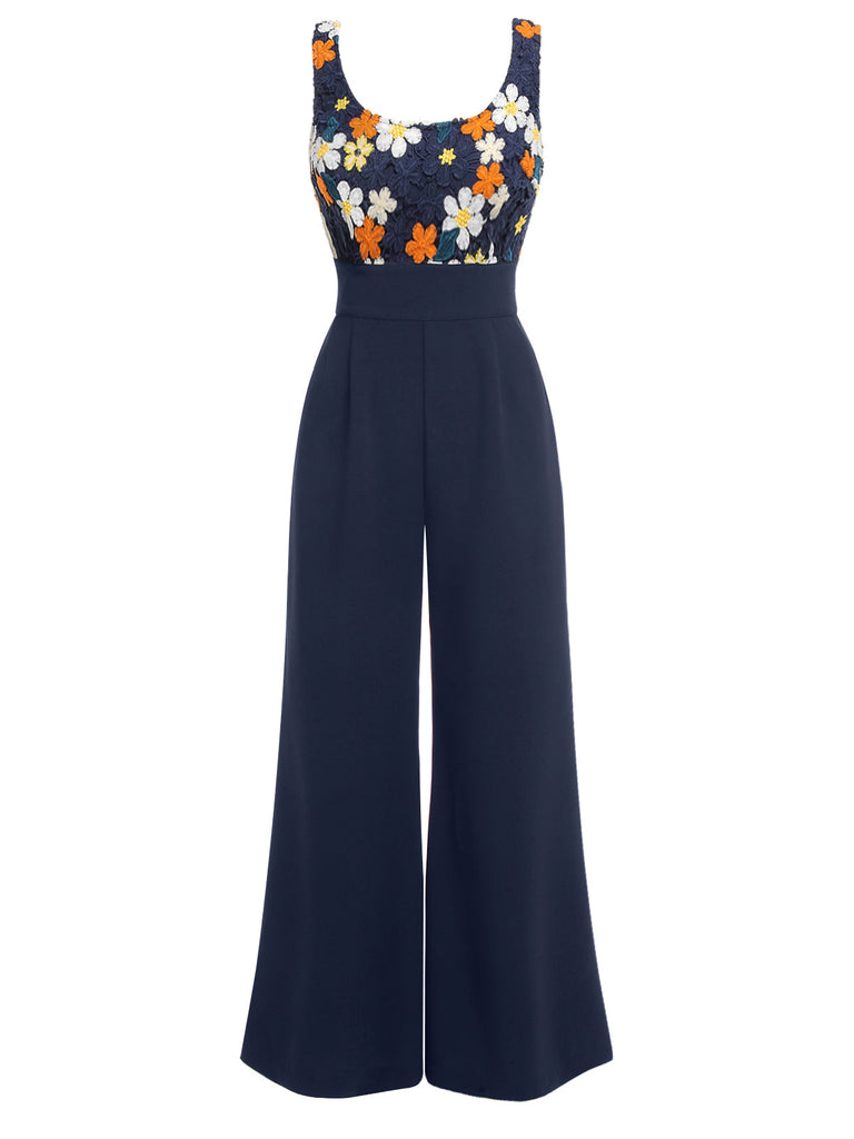 [US Warehouse] Navy Blue 1940s Flower Embroidery Jumpsuit