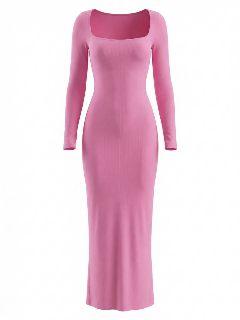 Pink 1980s Square-Neck Long-Sleeve Ribbed Knit Maxi Dress