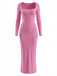 Pink 1980s Square-Neck Long-Sleeve Ribbed Knit Maxi Dress