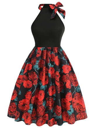 Red 1950s Rose Sleeveless Patchwork Dress