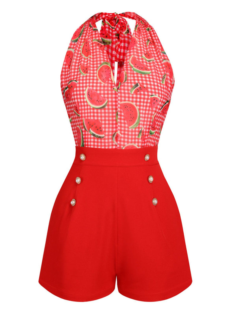 ‍Watermelon Red 1950s Halter Patchwork Romper (86% off)