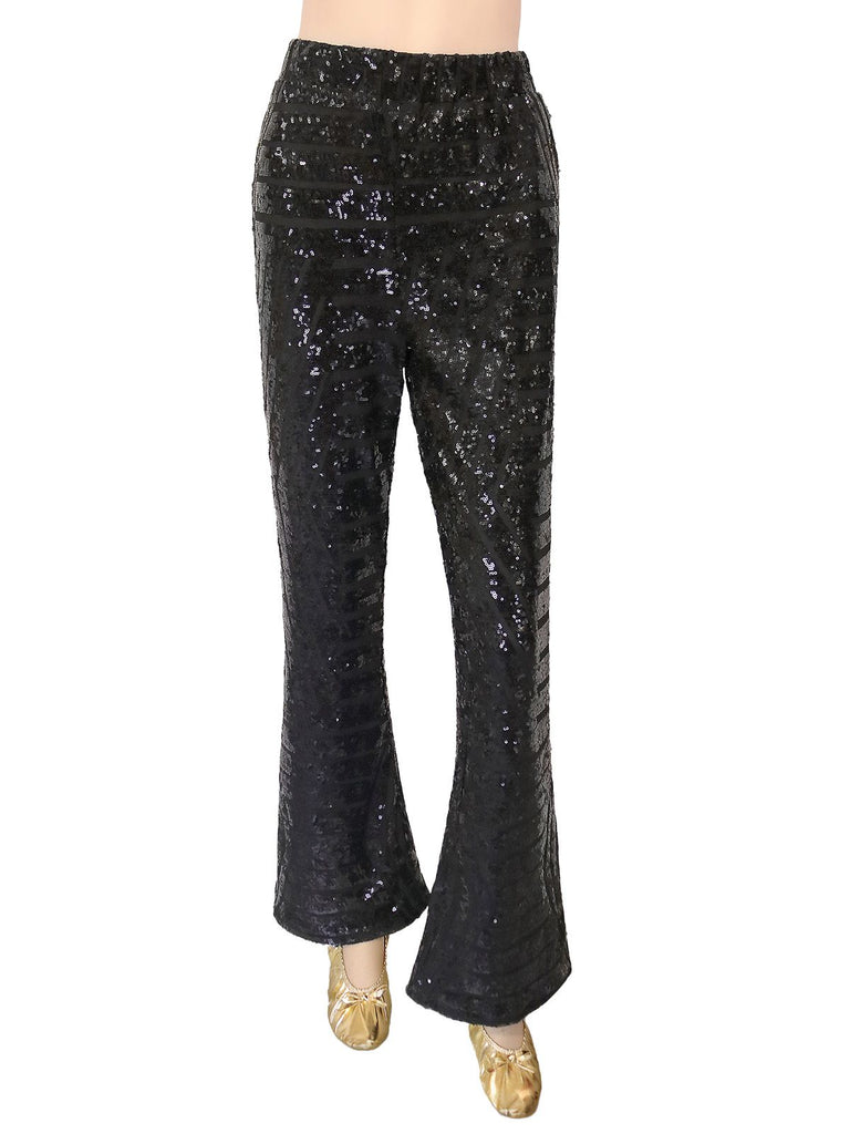 Black 1920s Solid Sequin Flared Pants