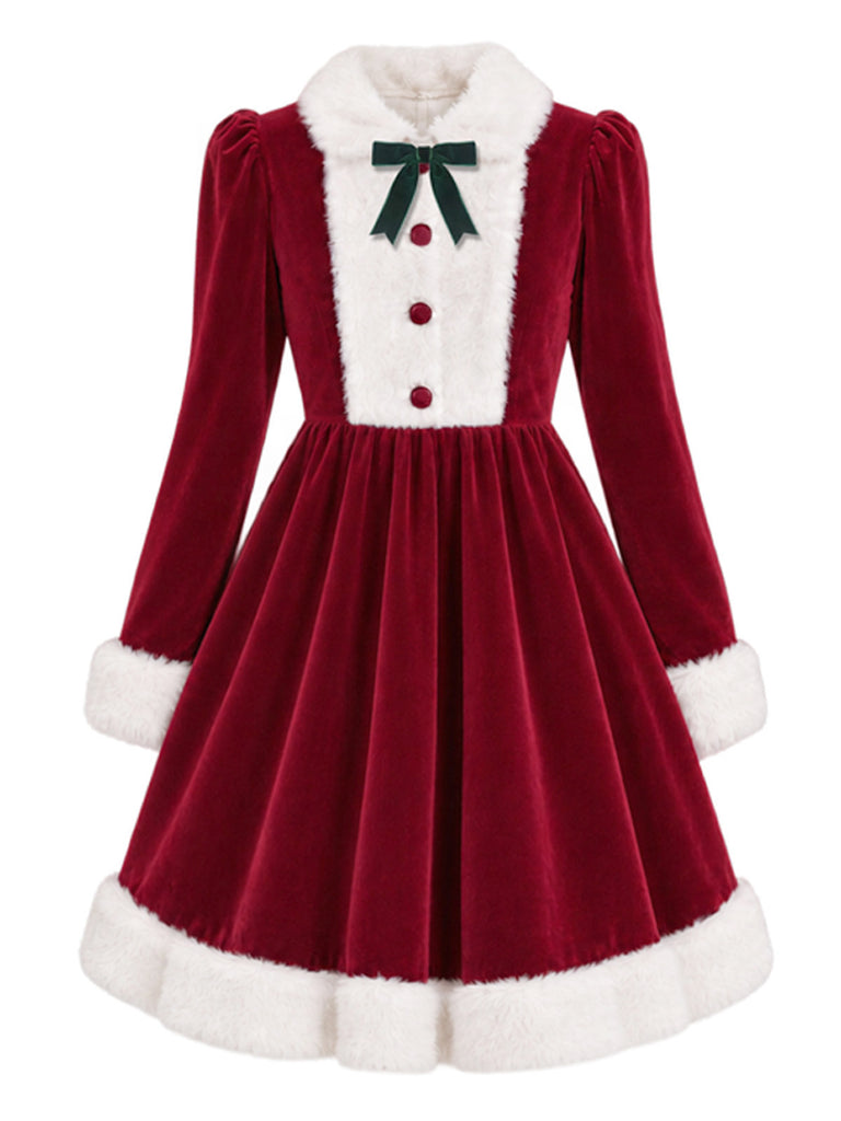 [Pre-Sale] Red & White 1950s Christmas Velvet Fur Trim Bow Dress