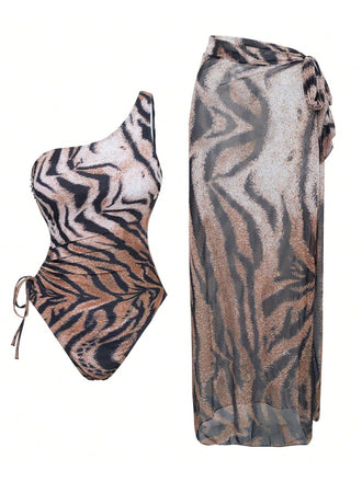 1950s Tiger One-Shoulder Swimsuit & Cover-Up