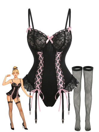 Black 1960s Lace Bow Corset Lingerie Set with Fishnet Stockings