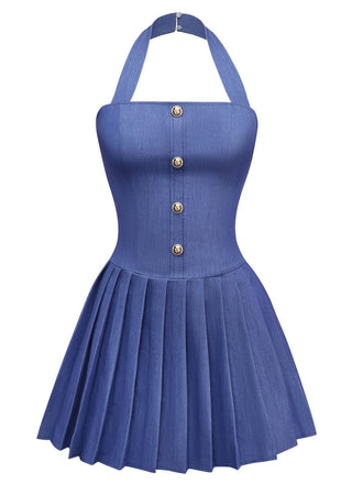 1960s Denim Halter Pleated Button Mini Dress