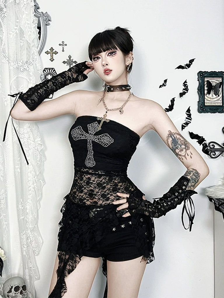 Black 1980s Cross Rhinestone Lace Strapless Tank Top