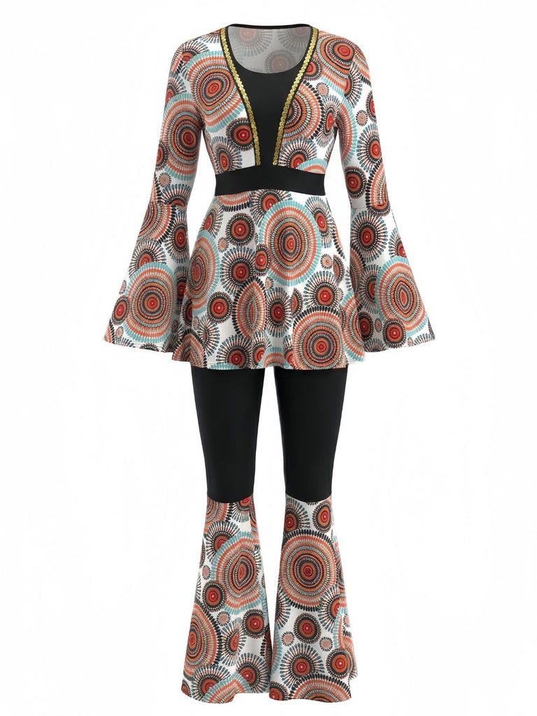 2PCS 1970s Hippie Bell Sleeve Top & Flare Pants