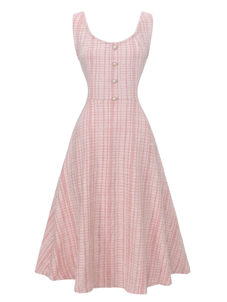 Pink 1940s Tweed Button-Front Midi Dress