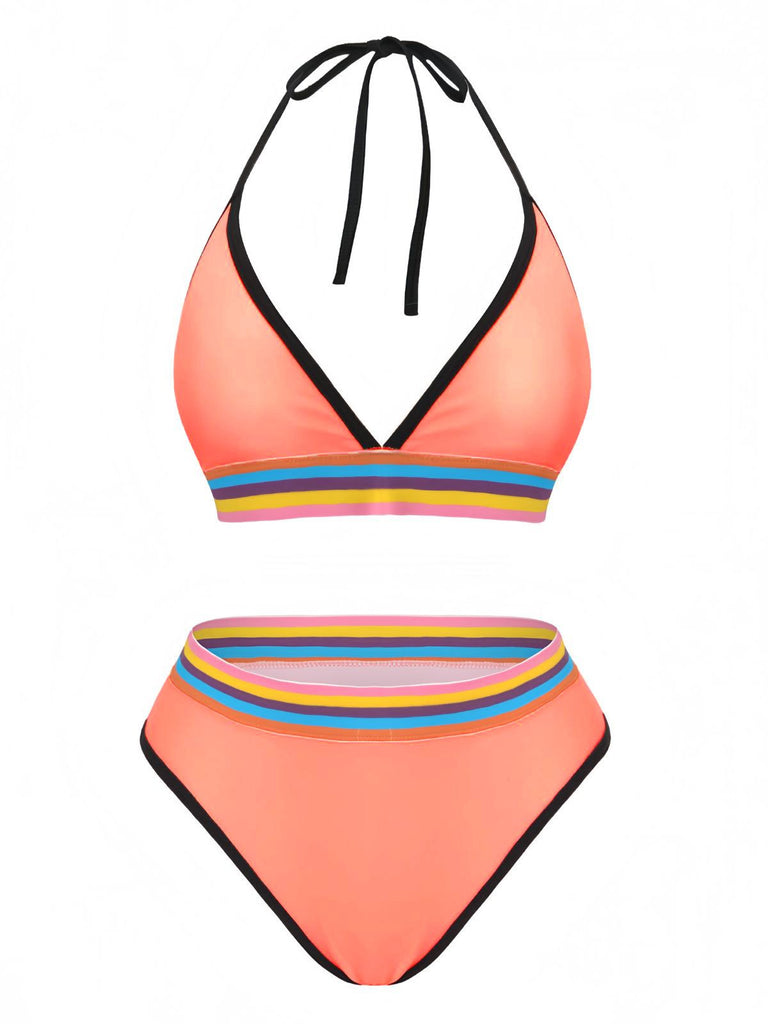 Pink 1940s Rainbow Striped Triangle Bikini Set