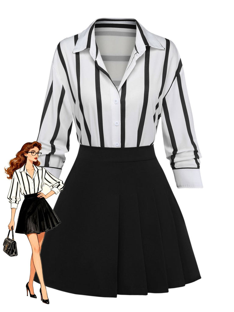 2PCS 1960s Striped Shirt & Asymmetric Pleated Skirt
