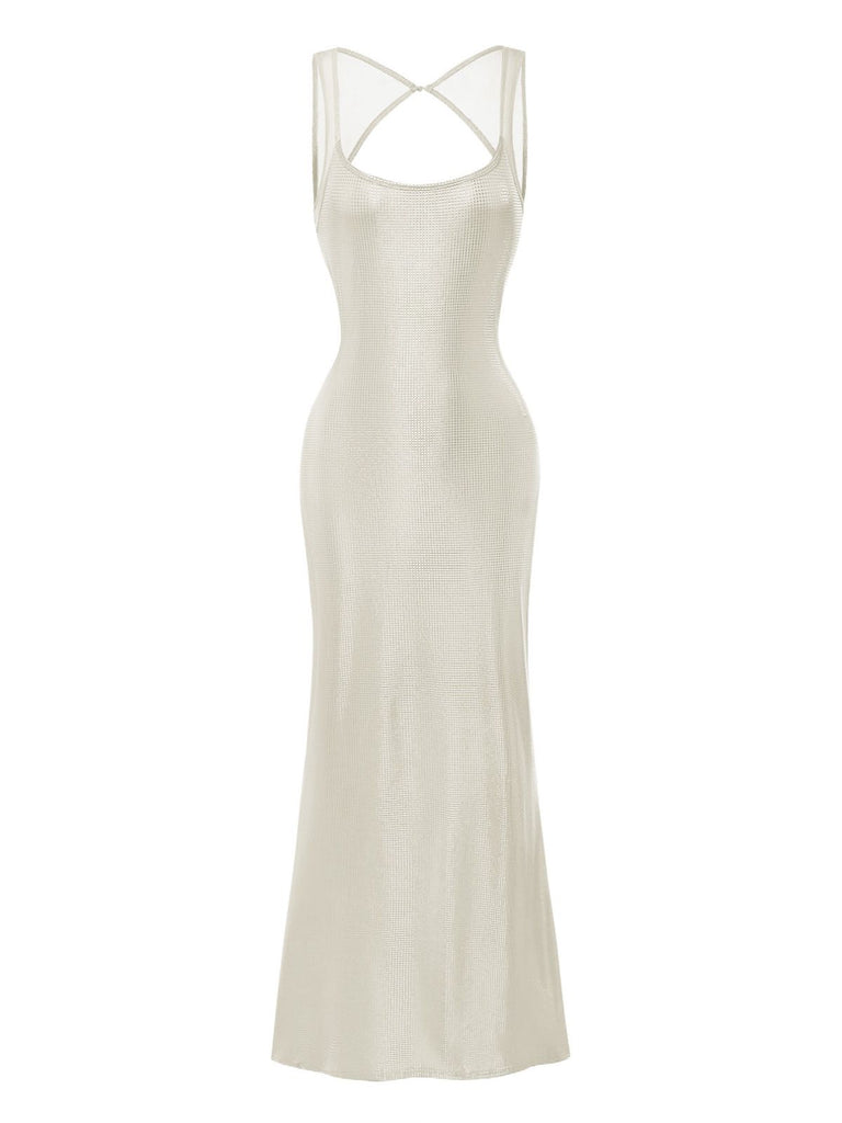 1980s Solid Sequined Mesh Buckle Square Neck Dress