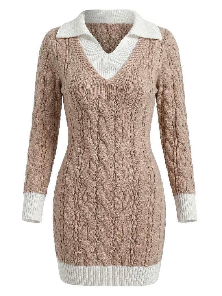 Beige 1960s Cable V-Neck Knit Sweater Bodycon Dress