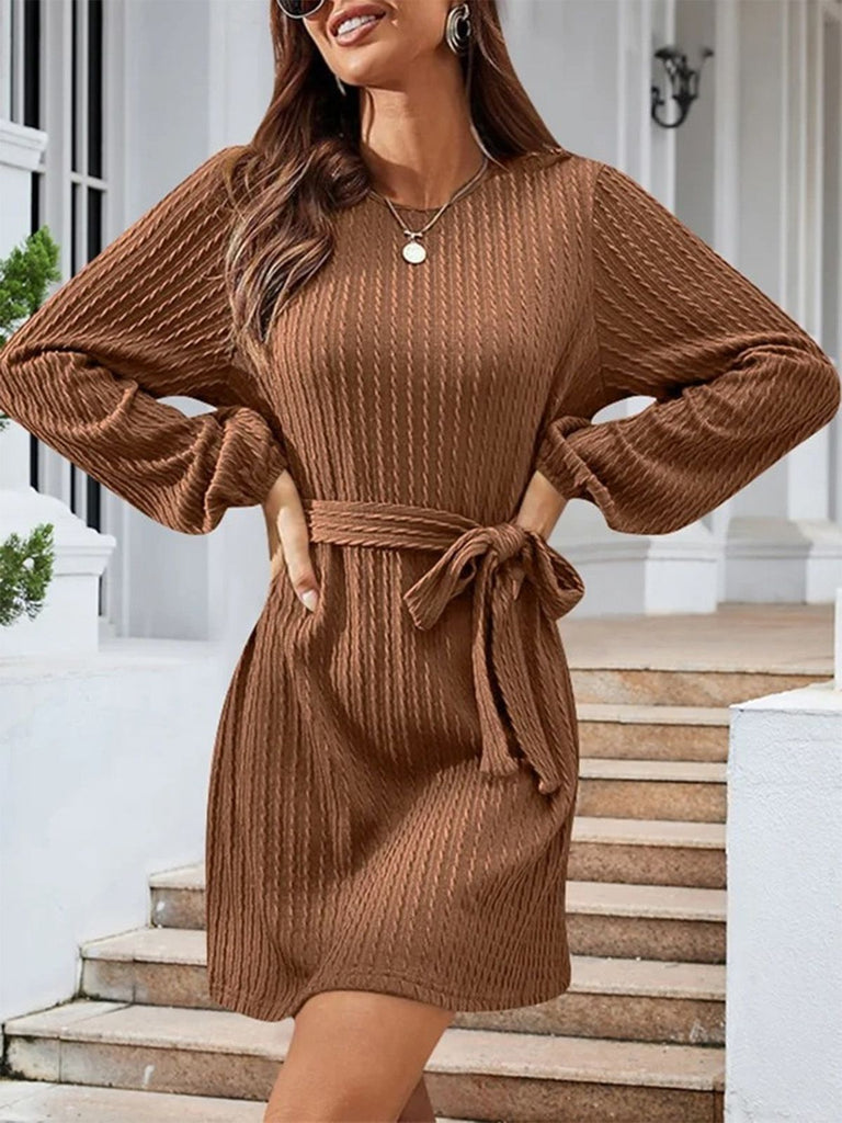 1960s Ribbed Knit Belted Round Neck Dress