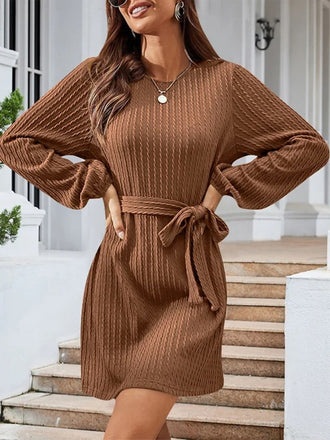 1960s Ribbed Knit Belted Round Neck Dress