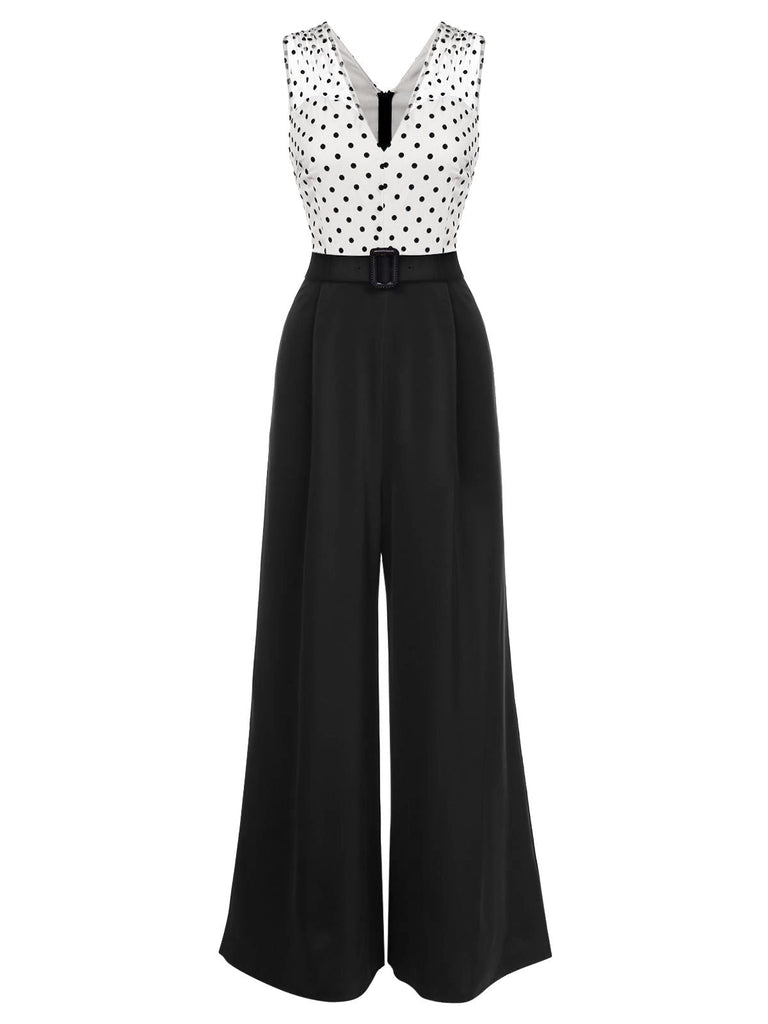 [US Warehouse] 1930s Polka Dot Patchwork Belt Jumpsuit