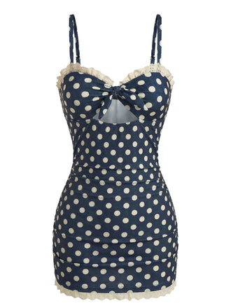 [Pre-Sale] Navy Blue 1930s Polka Dot Ruched Ruffle One-Piece Swimsuit