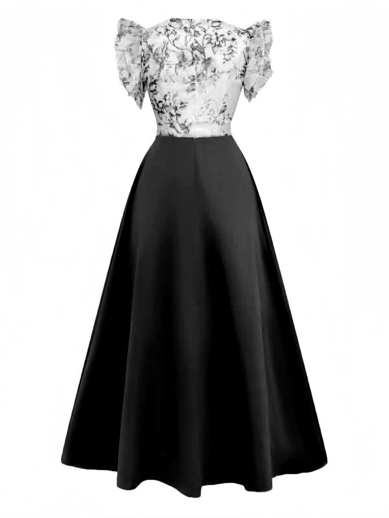 1930s Floral Flounce Sleeve V-Neck Patchwork Dress