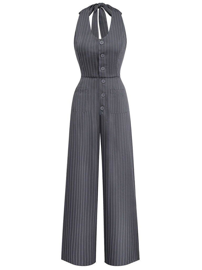 1940s V-Neck Halter Buttoned Pinstripe Jumpsuit