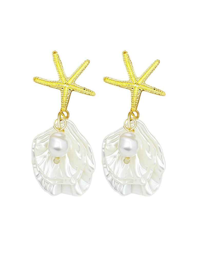 Gold Starfish Shell Pearl Drop Earrings