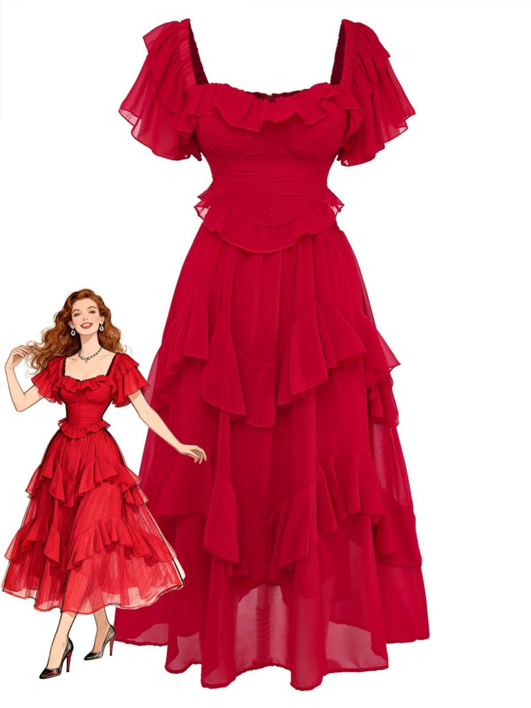 1950s Ruffle Tiered Off-Shoulder Maxi Dress