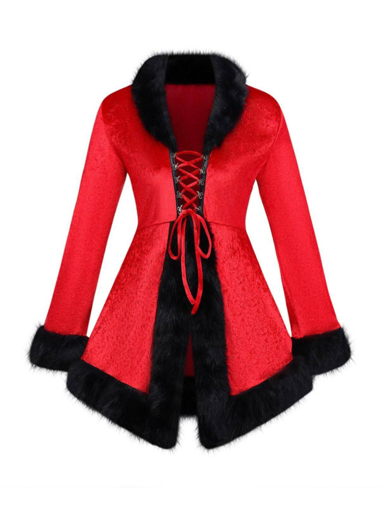 Red 1970s Christmas Fur-Trim Lace Up Velvet Dress