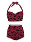 Wine Red 1950s Bat Print Lace-Up Halter Swimsuit