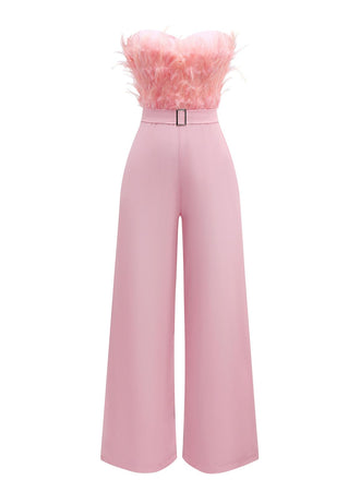 1970s Strapless Feather Solid Jumpsuit
