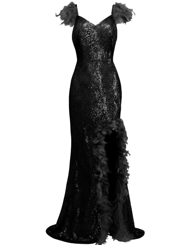1930s V-Neck Feather Strap High Slit Sequined Dress
