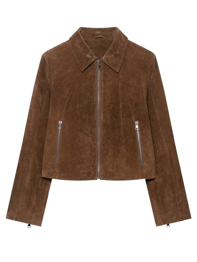 Brown 1980s Solid Suede Zipper Front Cropped Jacket