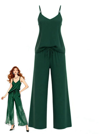 2PCS 1970s Solid Spaghetti Top & Wide-Leg Pants